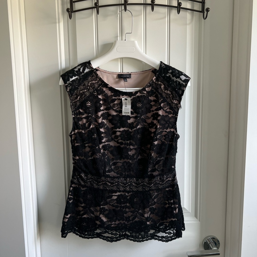 The Limited Black Lace Overlay Blouse with Nude Lining